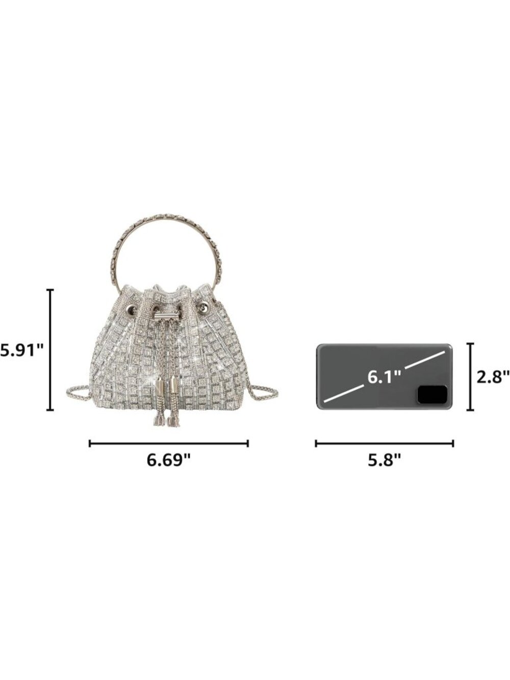 Women's Silver Sparkly Rhinestone Clutch Purse Bucket Evening Bag with Chain - Picture 3 of 6